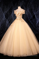 Champagne V-Neck Lace Long Ball Gown, Off the Shoulder Formal Evening Dress